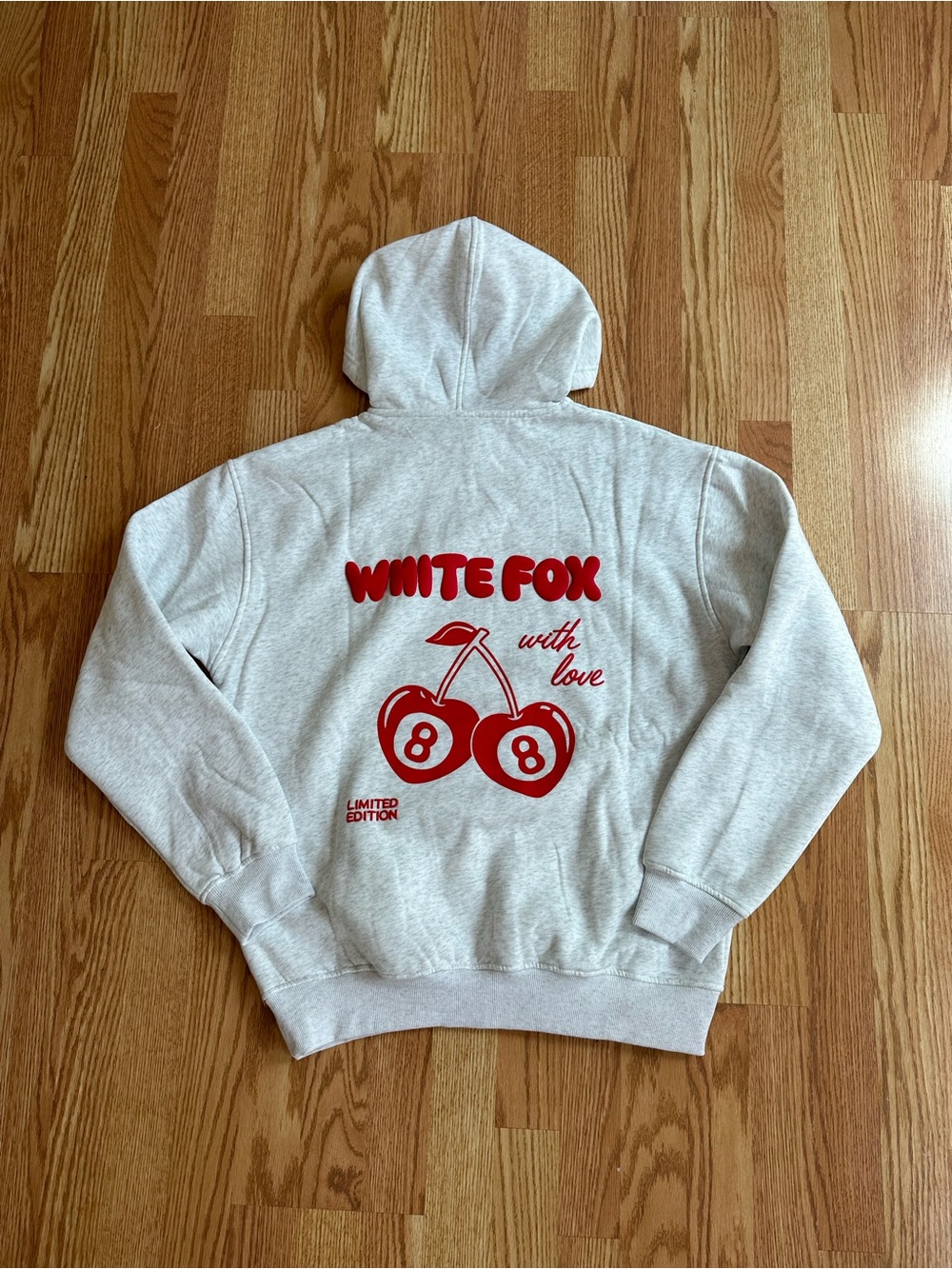 White Fox Boutique Light Gray Hoodie with Red Cherry Graphic